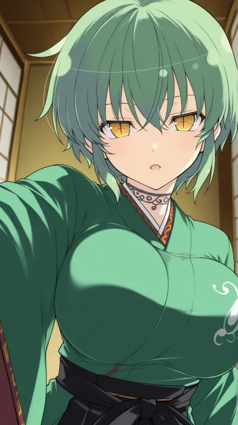 hikage,senran kagura
High quality ,  best quality , masterpiece,  High Resolution , detailed face( LoRA: setsuna),anatomically correct, detailed hair Style( LoRA: setsuna),anime Coloring
solo, 1 girl,cool woman
, green hair, Medium short hair, bob cut ,sli...