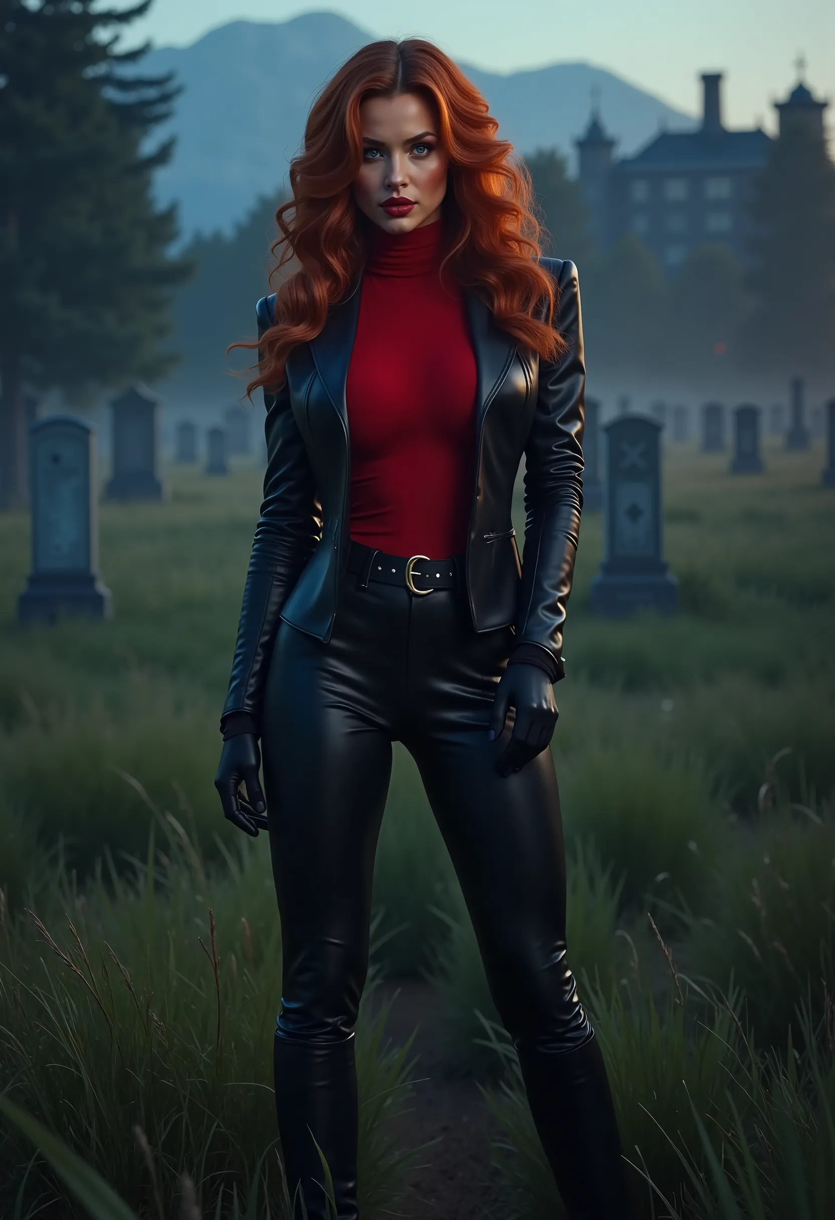beautiful sensual sexy woman muscular body red wavy long hair blue eyes, white skin, red lips, round face full lips high arched eyebrows thin waist long shapely legs full breasts broad shoulders black leather riding breeches black leather riding boots bla...