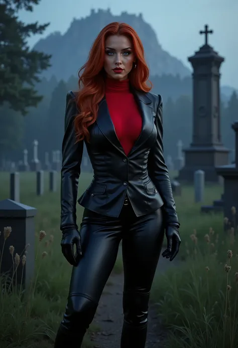 beautiful sensual sexy woman muscular body red wavy long hair blue eyes, white skin, red lips, round face full lips high arched eyebrows thin waist long shapely legs full breasts broad shoulders black leather riding breeches black leather riding boots bla...