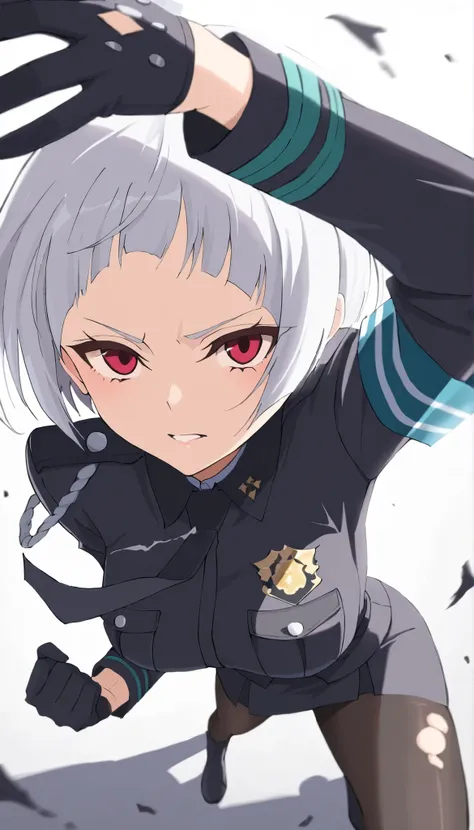 ((masterpiece)), (best quality), 1girl, solo, simple background, temptation, delicate face, Battle Pose , Thomas slalom kick, full body, silver short hair, long sideburn, Disdainful Eyes, Black Stockings, Damaged black police uniform, medium breasts, sty...