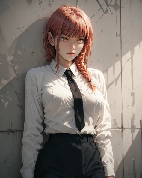 1girl, makima (chainsaw man), large breasts, pussy, clitoral hood, clitoris, large labia, lrsning against a wall, white button up shirt, shirt open, black tie, large breasts, cleavage, bottomless, pubic hair, cleft of venus,