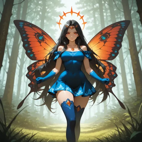 anime style, Masterpiece, best quality, Woman, pretty face, red-orange eyes, very long hair, black hair, parted hair, hair antennas, blue short dress, bare shoulder, medium breasts, wide hips, , curvy body,,, , diadem, necklace, forest background, grass,, ...