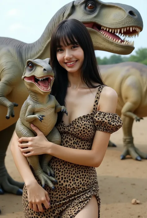 Create a realistic photograph of a beautiful Japanese female singer in a portrait style. She should have a slim body, small bust, and slender legs, with long hair and bangs. She is wearing a Stone Age-style leopard print mini dress. The scene captures her ...