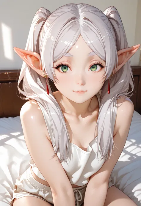 ultra detailed realistic busty frieren half body, white hair, green eyes, white tanktop transparat, background, ray tracing,  twintail hair, sitting on the bed, perfect cute face, cute pose sexy,