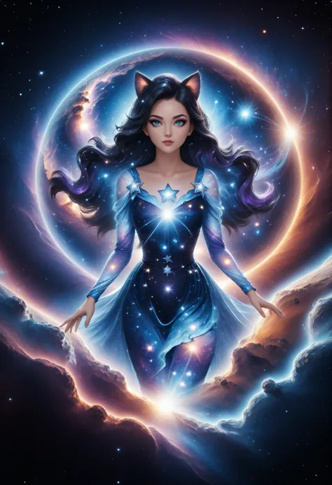 An incomprehensible and spectacular scene from a glowing cloud, A elemental girl,, (Blue fire and dark ice eyes) , 3D, cold colors, (no human),BREAK Non human with ethereal body ((transparent body made with mist) (ghost form), (((stellar goddess very chari...