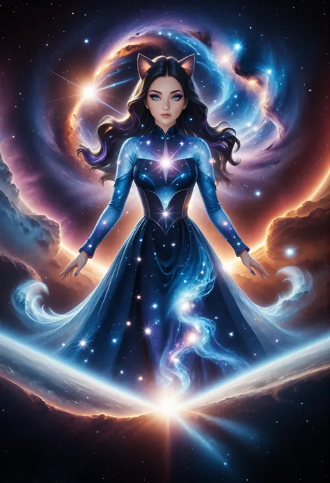 An incomprehensible and spectacular scene from a glowing cloud, A elemental girl,, (Blue fire and dark ice eyes) , 3D, cold colors, (no human),BREAK Non human with ethereal body ((transparent body made with mist) (ghost form), (((stellar goddess very chari...