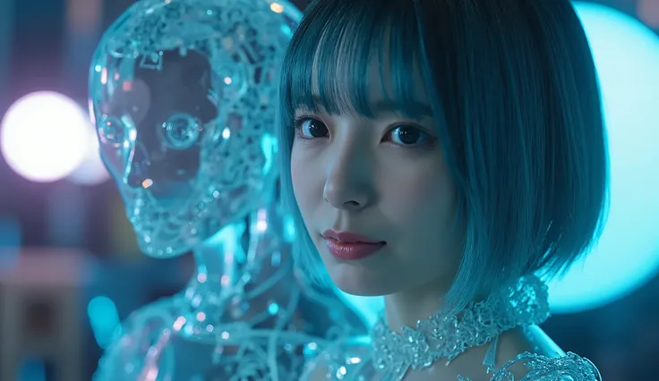 透明なglassの胴体のアンドロイド暗殺者少女、((glass))、glassの内部の機械、detailed skin、Blue Gray Short Hair Wolf Cut to Highlight Chest Shape 、27th Century Casino 、 Unforgivable Assassin with Fear of Failure、 Queen of Sadism 、 Sadomazo World 、Giving Despair 、 cruel、Sinister、tortur...