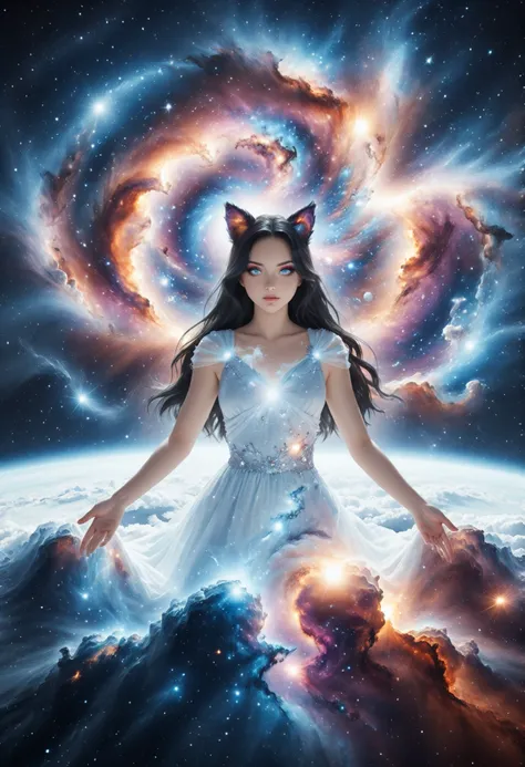 An incomprehensible and spectacular scene from a glowing cloud, A elemental girl,, (Blue fire and dark ice eyes) , 3D, cold colors, (no human),BREAK Non human with ethereal body ((transparent body made with mist) (ghost form), (((stellar goddess very chari...