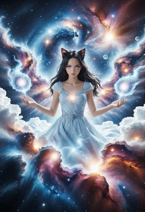 An incomprehensible and spectacular scene from a glowing cloud, A elemental girl,, (Blue fire and dark ice eyes) , 3D, cold colors, (no human),BREAK Non human with ethereal body ((transparent body made with mist) (ghost form), (((stellar goddess very chari...