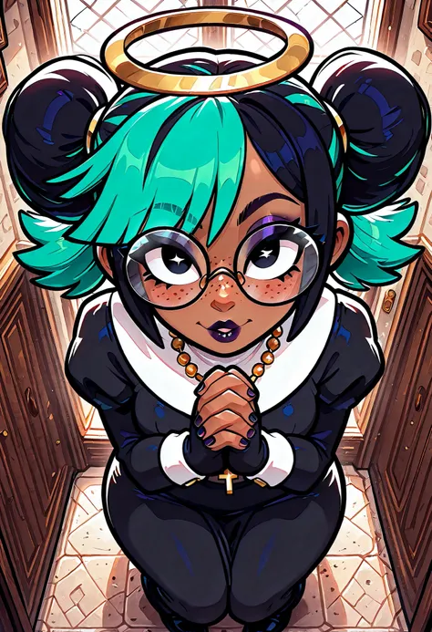 masterpiece, best quality, very aesthetic, absurdres, safe, (masterpiece), 1girl, solo, best quality, expressive eyes, perfect face, newest, perfect anatomy, flawless face, dark skinned African female with pigtails and glasses, light coming through stain g...