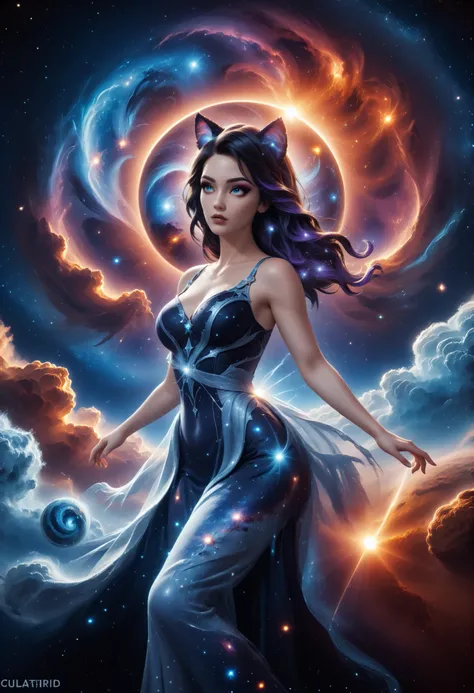 An incomprehensible and spectacular scene from a glowing cloud, A elemental girl,, (Blue fire and dark ice eyes) , 3D, cold colors, (no human),BREAK Non human with ethereal body ((transparent body made with mist) (ghost form), (((stellar goddess very chari...