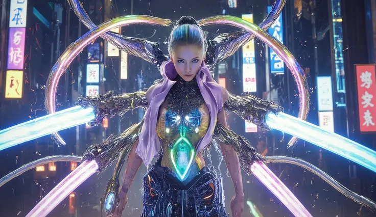 artistic concept，blank，rock color，Gold Leaf， colored particles , Color Curve ，Chen Jialing,glow in the dark, neon color ，((最high quality)), ((masterpiece)), ( details:1.4), ((( cyber with mechanical parts and clear skin Suit, rainbow color, aurora material...