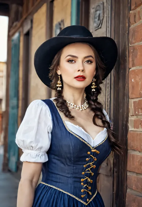 реалистичный cinematic highly detailed 1girl saloon girl in a vulgar old-fashioned western town, дешевое откровенное платье с глубоким вырезом, игривый смех,  в чате с вульгарными клиентами, драматическое освещение, пыльная, песчаная атмосфера, кинематогра...