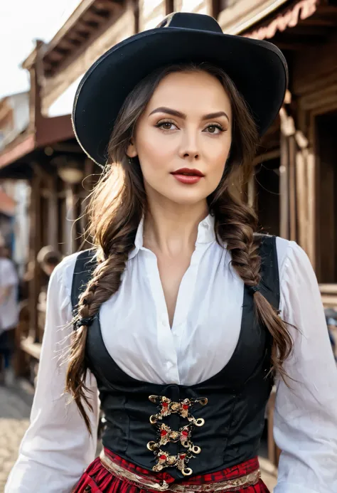 реалистичный cinematic highly detailed 1girl saloon girl in a vulgar old-fashioned western town, дешевое откровенное платье с глубоким вырезом, игривый смех,  в чате с вульгарными клиентами, драматическое освещение, пыльная, песчаная атмосфера, кинематогра...