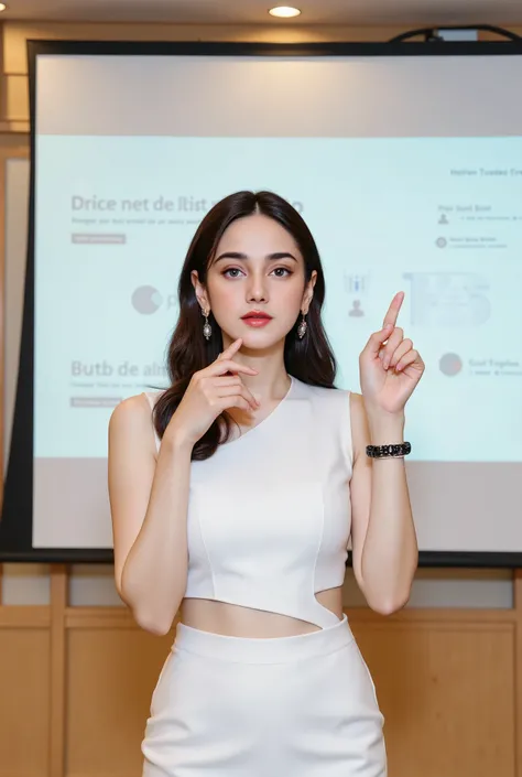 A woman with long, dark hair styled in a high ponytail stands in front of a projection screen in a modern conference room. She is wearing a form-fitting white dress with a unique cut-out design at the waist, featuring a buttoned front and rolled-up sleeves...