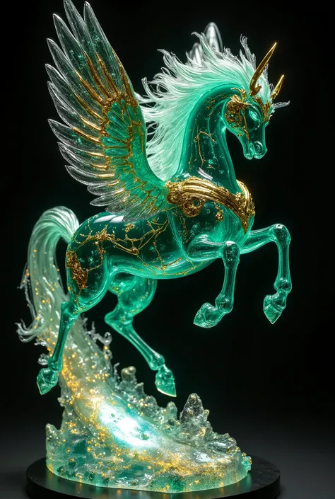 Translucent jade glazed cast Pegasus Saint Seiya Jumping Statue, the material presents a gradient of cold emerald green to lake green, the flowing golden stardust veins can be seen inside, the face retains the original bloody expression, and the hair is in...