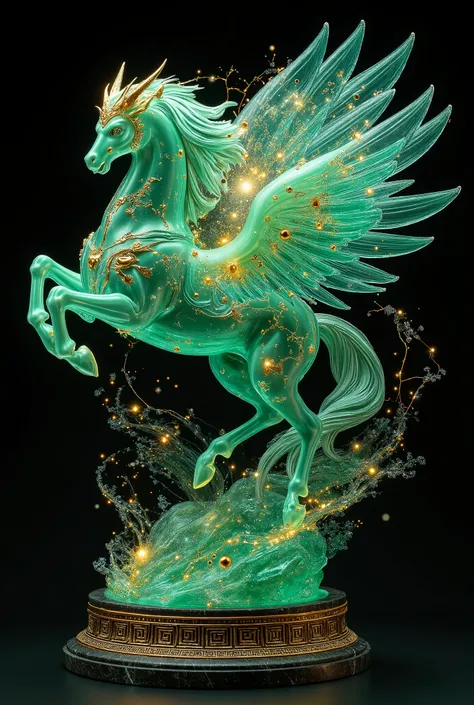 Translucent jade glazed cast Pegasus Saint Seiya Jumping Statue, the material presents a gradient of cold emerald green to lake green, the flowing golden stardust veins can be seen inside, the face retains the original bloody expression, and the hair is in...