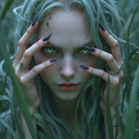 Night, the thick reed grass is slightly spread apart by white girlish arms with long black claws, beautiful green big eyes peek out of the reed thickets from a very pale white ethereal face, a young woman has long green hair, long hair covers the bare ches...