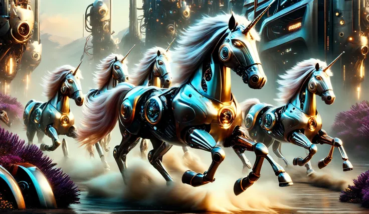 A herd of robotic unicorns galloping through a futuristic landscape.