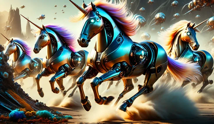 A herd of robotic unicorns galloping through a futuristic landscape.