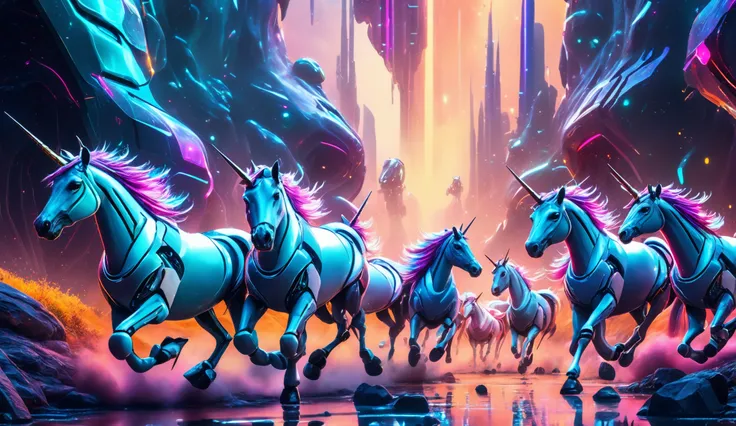  A herd of robotic unicorns galloping through a futuristic landscape.