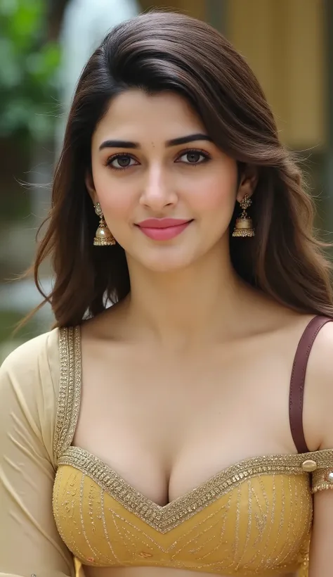 "Indian beautiful actress, Super white skin,smiling, showing deep cleavage, looking at the camera with a seductive shy expression, curly hair. Wearing a transparent golden saree and a sleeveless, strapless golden bra. Legs spread.fountain  background."