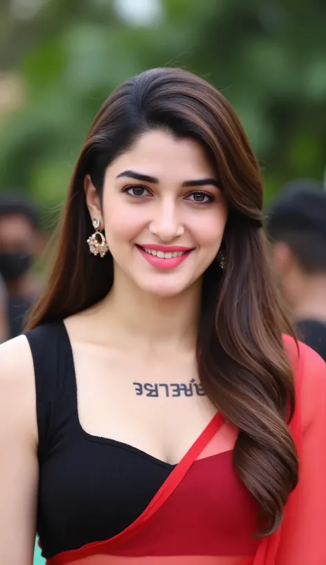 Indian sexy actress, Showing Deep Cleavage , Transparent Red Saree, tight black blouse, Smiling shyly looking at the camera, Seductive Shy Expression, Blurred natural background. "দুদুু খাও" tattoo in her upper chest in a big areal black font.