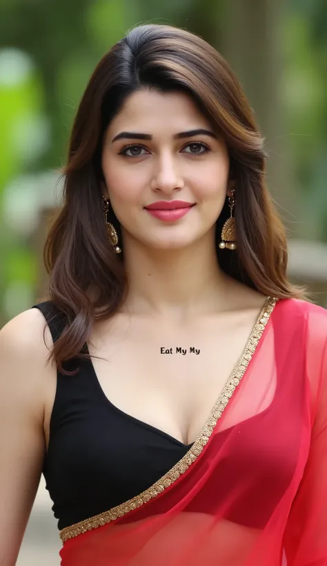 Indian sexy actress, Showing Deep Cleavage , Transparent Red Saree, tight black sleeveless blouse, Smiling  looking at the camera, Seductive Shy Expression, Blurred natural background. "Eat My " tattoo in her upper chest in a very big areal black font.