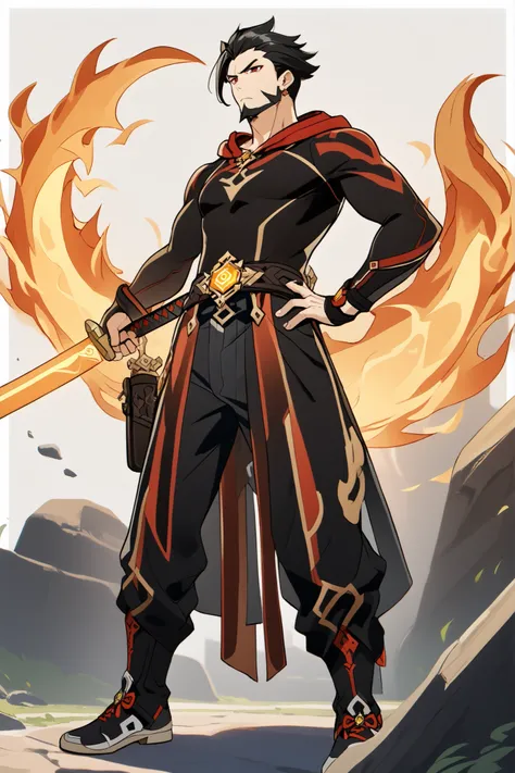 30 years old boy, Slim, Atletic, short high spike black hair Slick back, red eyes,  beard ,wears a red and black hooded jumpsuit adventure, Vision Pyro, Standing, hand on her face to contains a power of dragon spirit , holding a holster on his hip with a k...