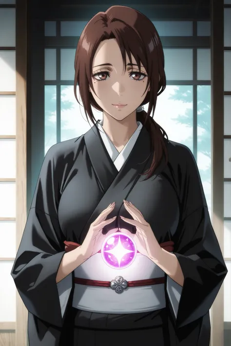 Masterpiece, ultra-detailed, semi-realistic style, cinematic lighting, soft shading, rich textures, 4K, HD, perfect lighting, perfect face, perfect hands, Bleach shinigami, healing-focused. ((Cowboy shot)), Shoko Ieiri reimagined as an officer of the 4th D...