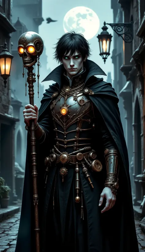 . A mysterious male figure combining Gothic art and steampunk art. He stands confidently in a narrow street illuminated by moonlight, surrounded by thick fog and crumbling Gothic buildings with stone arches. He wears a long open black cloak that reveals a ...