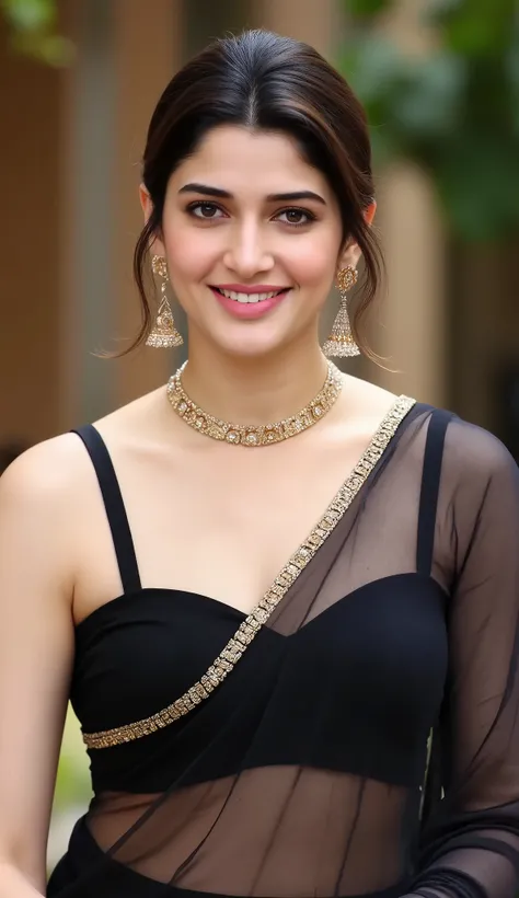 "Indian beautiful actress, smiling, showing deep cleavage, looking at the camera with a seductive shy expression,White skin tone, Beautiful Short hair. Wearing a transparent black saree and a sleeveless, strapless black bra, necklace, earrings. Sexy Hip.Ou...