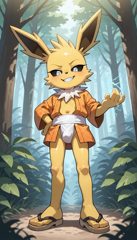 score_9, score_8_up, score_7_up, 1boy, solo, masterpiece, best quality, amazing quality, very aesthetic, absurdres, source furry, mobian Jolteon, anthro, young, black sclera, white eyes, yellow body fur, feets whit three toes, looking at viewer, smile, oil...