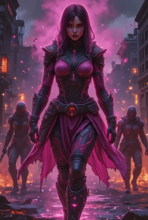 Full-body shot of a slim female game character (face fully visible, determined expression) leading a cyberpunk street rebellion in a white high-neck combat bodysuit (with glowing circuit patterns) layered over a reinforced kilt (magenta fabric strips, chro...