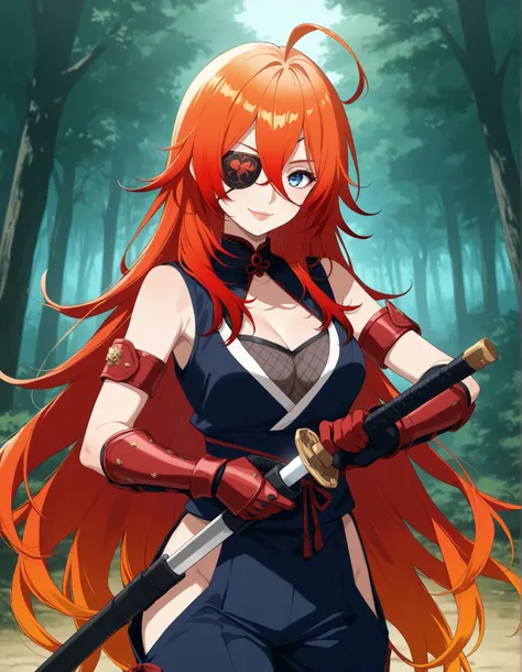 score_9, score_8_up, score_7_up, source_anime, 1girl, solo, red hair, very long hair, hair between eyes, ahoge, lips, blue eyes, smile, eyepatch, holding sword unsheathing, gradient hair, multicolored hair, orange hair, detailed eyes, Enchanting Eyes, japa...