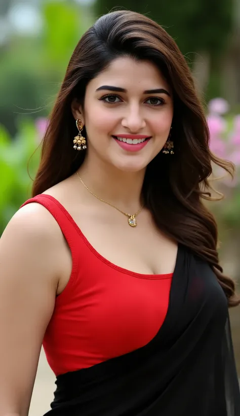 Indian Beautiful Celebrity, looking at the camera and Smiling,Big round natural Breast, Wearing Thin Black Saree,Tight red Blouse, Wearing Necklace, earrings, Standing, Giving seductive looks, Blurred Background,Flower field.