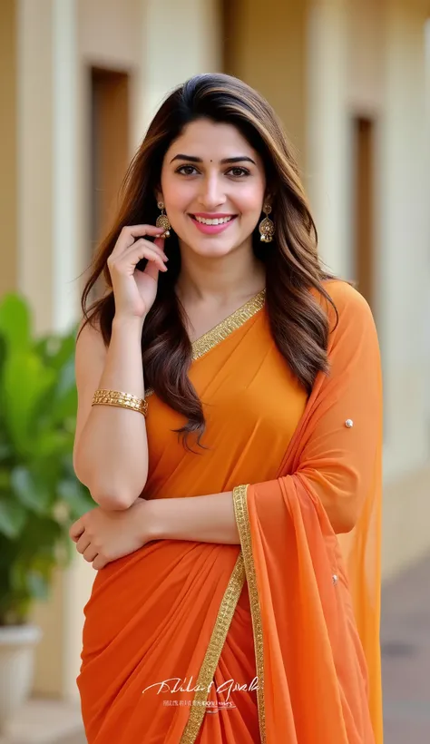 . "A stunning Indian wife with glowing fair skin, wearing a vibrant saree with a deep-cut blouse, paired with elegant earrings and a matching necklace. She stands outdoors under bright daylight, smiling seductively at the camera, her pallu flowing in the b...