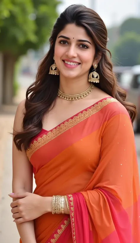 . "A stunning Indian wife with glowing fair skin, wearing a vibrant saree with a deep-cut blouse, paired with elegant earrings and a matching necklace. She stands outdoors under bright daylight, smiling seductively at the camera, her pallu flowing in the b...