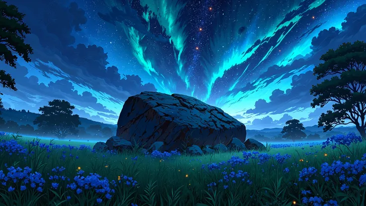 a large rock in a grassy field, with some trees and blue flowers, and a beautiful night sky with stars, a bright moon and an aurora borealis, night scene with some fireflies flying, the scene is frontal