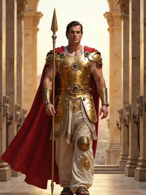 Henry Cavill reimagined as a majestic emperor of Helladia walking and holding a ceremonial golden spear with engraved sun patterns, 1 male, full body, tall and powerfully built, radiant fair skin with a warm glow, perfectly sculpted facial features, short ...