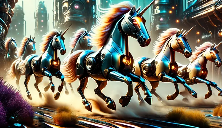 A herd of robotic unicorns galloping through a futuristic landscape.