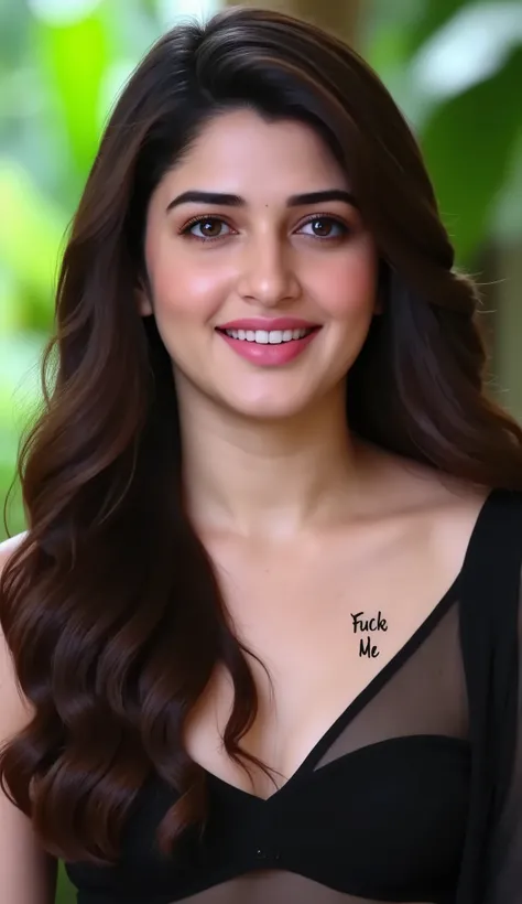 Indian sexy actress, Showing her huge round chest , Transparent black Saree, without blouse, Smiling shyly looking at the camera, Seductive Shy Expression, Blurred natural background. "Fuck Me" tattoo in her upper chest in a big areal black font.