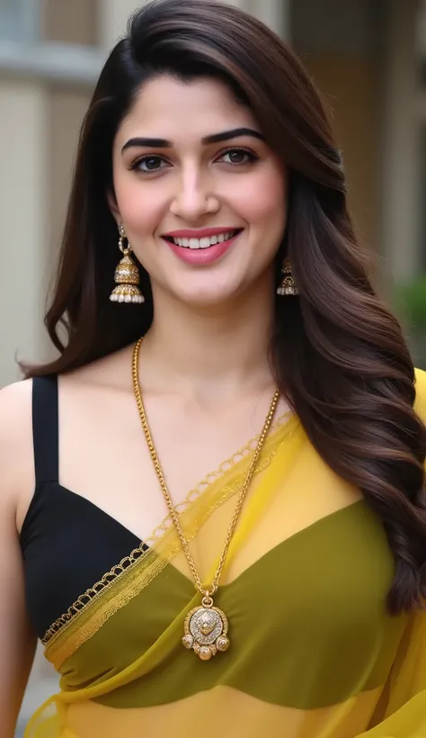 "Indian beautiful actress, Chubby body,smiling, showing deep cleavage, looking at the camera with a seductive shy expression,White skin tone, Beautiful curly hair. Wearing a transparent yellow saree and a sleeveless, strapless black bra, necklace, earrings...