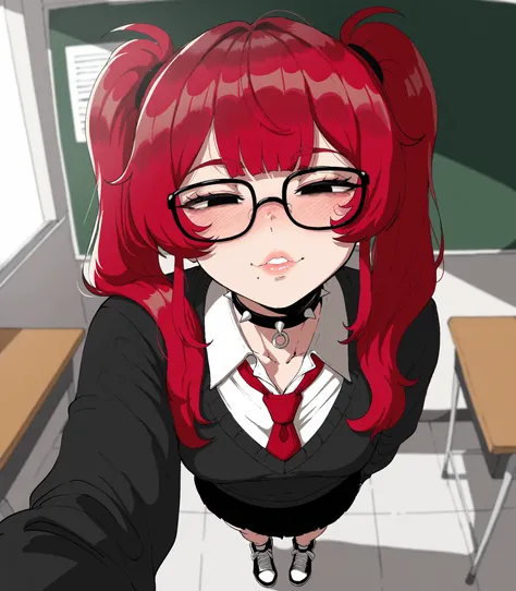 face focus, looking at viewer, masterpiece, solo, best quality, dev_dev(0614), sincos, nyantcha, diives, kunaboto, fair skin, black eyes, red hair, bangs, black choker, spiked choker, white button collared shirt, red tie, black long sleeved wide collar swe...