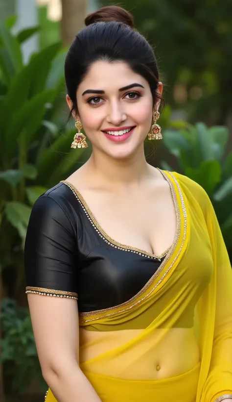 Hd realistic photo of Voluptuous Mature Indian desi Aunty with white skin, wearing very deep low neck black shining silk blouse and reflective glossy shining mustard color transparent Saree, showing her large Cleavage and navel,nipples projection over blou...
