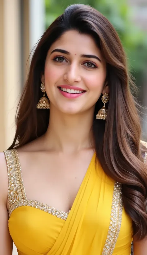 A stunning Indian wife with fair, glowing skin, wearing a silky, deep-cut saree blouse that reveals her full, round breasts. Standing outdoors under bright sunlight, she faces the camera confidently, her saree draped loosely to enhance her curves. Her eleg...