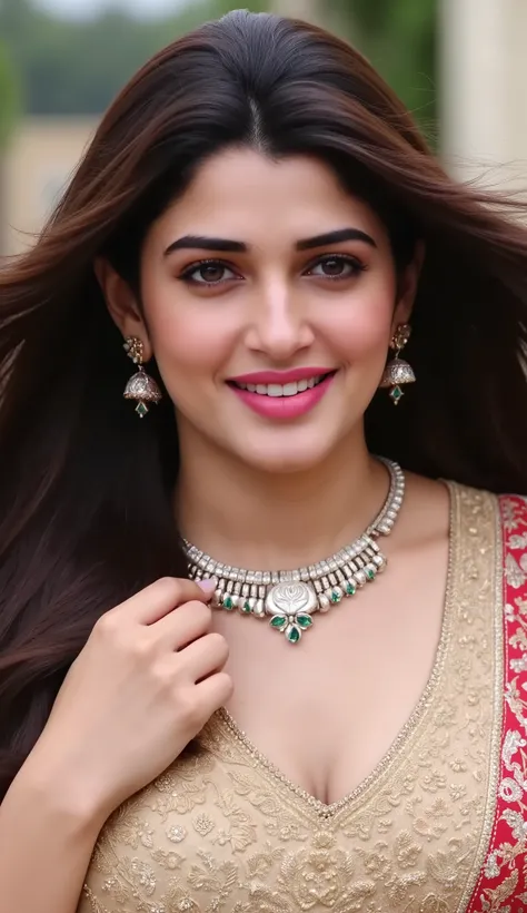 "A sensual Indian wife in a tight, low-cut saree blouse, standing outdoor. Facing the camera, she subtly adjusts her necklace, emphasizing her full, heavy breasts. Her lips curl into a seductive smirk, her eyes radiating confidence as the wind plays with h...