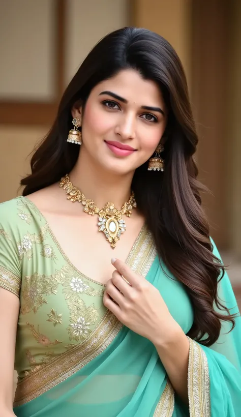 "A sensual Indian wife in a tight, low-cut saree blouse, standing outdoor. Facing the camera, she subtly adjusts her necklace, emphasizing her full, heavy breasts. Her lips curl into a seductive smirk, her eyes radiating confidence as the wind plays with h...