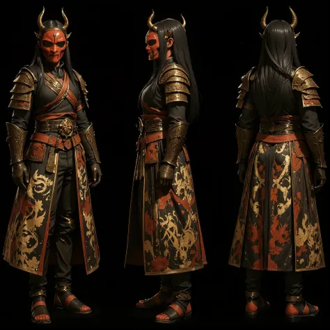 chara-sheet, characterDesignSheetQuiron, character design sheet multiple views, anime woman, full body, character turnaround, multiple perspectives, front view, side view, female samurai, horror oni concept, heavily spiked samurai armor, wearing a red oni ...