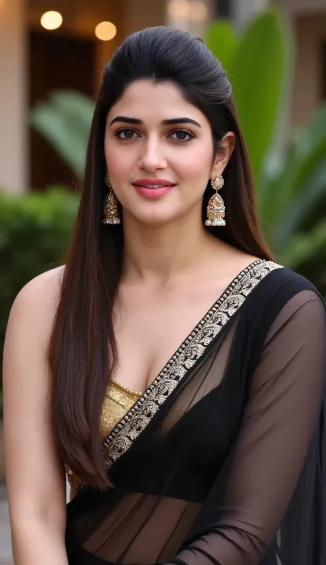 Indian beautiful sexy bhabhi, showing dark armpits,strapless Sleeveless blouse,very deep cleavage,curvy plus size model wearing transparent Black color saree ,strapless sleeveless golden blouse, necklace, earrings,facing to camera in standing in a resort ...